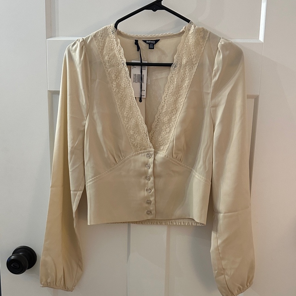 Buffalo David Bitton Cream Satin Blouse with Lace Detail - Picture 1 of 4